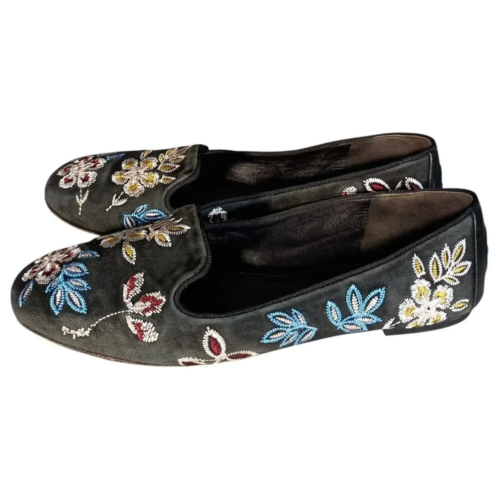 Tory Burch Black Floral Embroidered Smoking Slippers Flat Shoe Loafer Leather 9